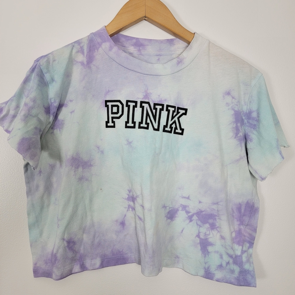 PINK Victoria's Secret Tie-Dye Crop Top Purple Blue Small Cut Sleeve 2019 Tee